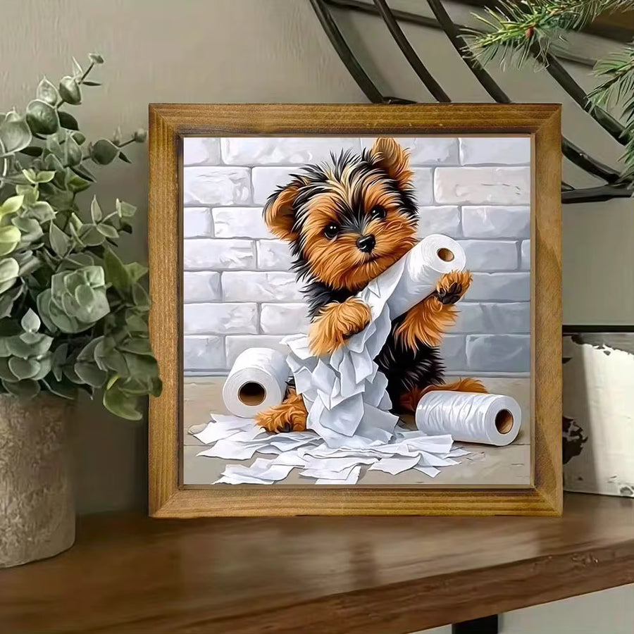 2D Flat Wooden Signboards, A Cute Yorkshire Terrier Puppy, Carrying Toilet Paper, Suitable For Kitchens, Bathrooms, Living Rooms, Entrances - Farmhouse-Style Holiday Home Decoration.